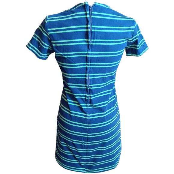 Vintage Shirt Dress 60's Medium Blue Green Striped Pockets Back Zipper Sock Hop - Picture 3 of 7
